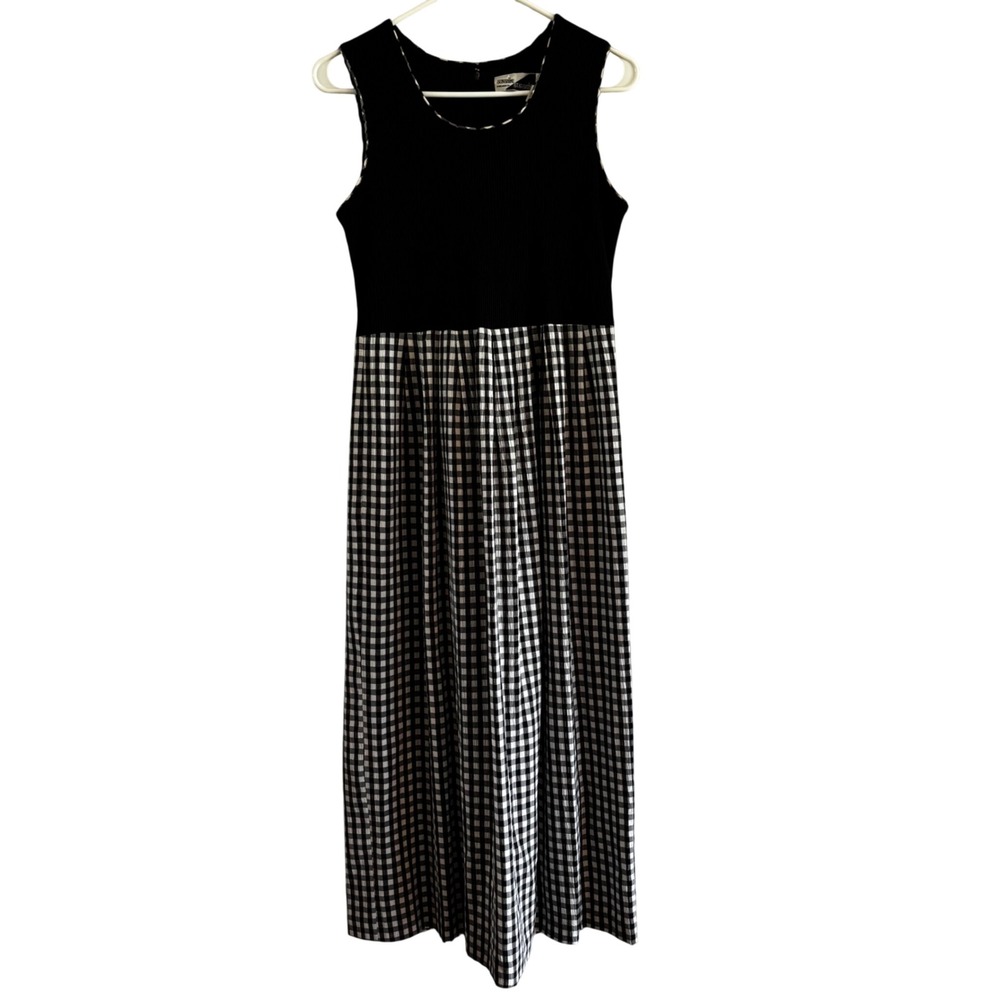 Vtg Sunshine Starshine Maxi Dress Sz 8 Black Gingham Rib Knit Sleeveless Cottage